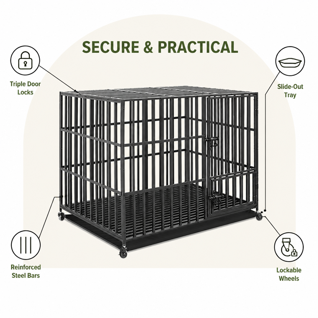 Ortekor Heavy-Duty Metal 3-Door Dog Crate (Lockable Wheels)