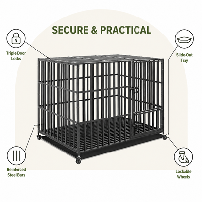 Ortekor Heavy-Duty Metal 3-Door Dog Crate (Lockable Wheels)