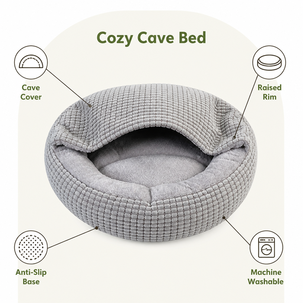 Ortekor Hooded Plush & Non-Slip Cave Bed (Machine Washable)