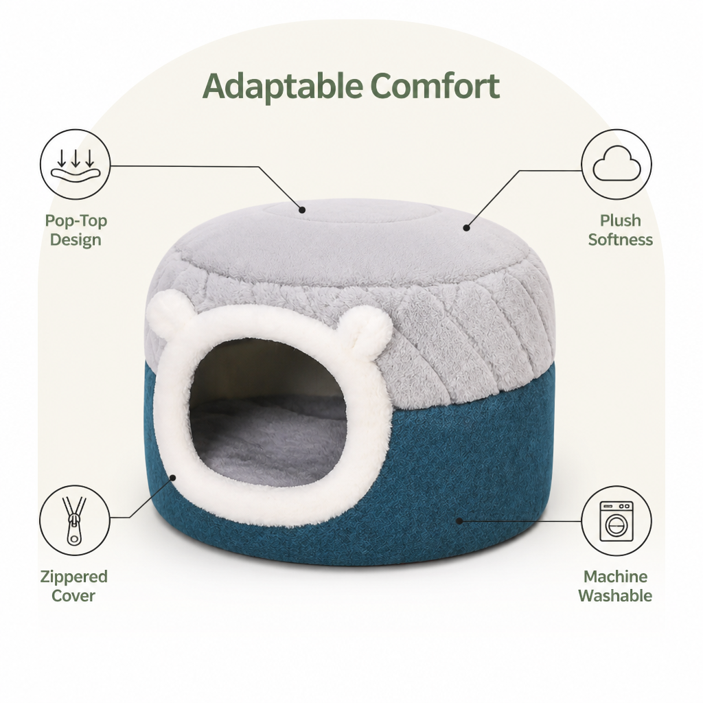 Ortekor Plush Convertible Pop-Top Pet Bed (Removable Cushion)