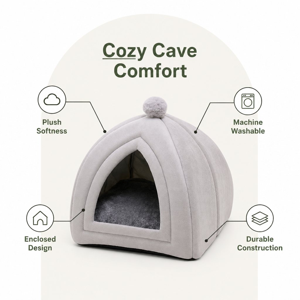 Ortekor Plush Coral Velvet Cat & Small Dog Cave Bed (Machine-Washable)