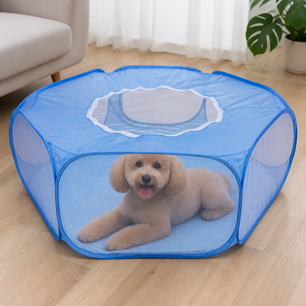 Ortekor Pop-Up & Foldable Transparent Mesh Pet Playpen (Water-Absorbing Liner)