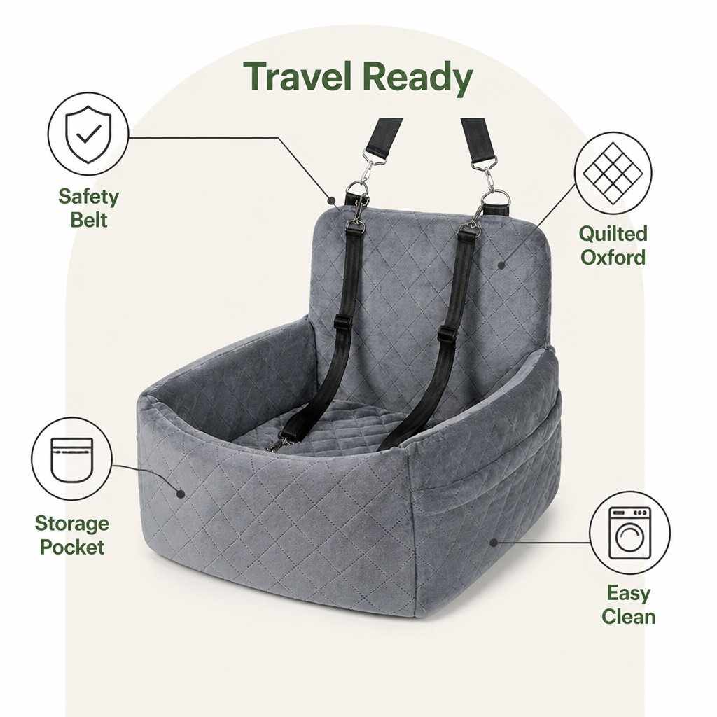 Ortekor Quilted Washable Oxford & Safety Belt Dog Car Seat (Removable Cushion)