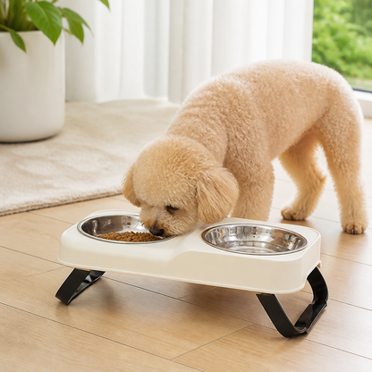 Ortekor Stainless Steel Bowls & Non-Slip Double-Bowl Pet Feeder (Foldable Stand)