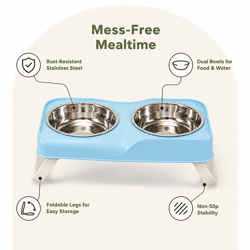 Ortekor Stainless Steel Bowls & Non-Slip Double-Bowl Pet Feeder (Foldable Stand)