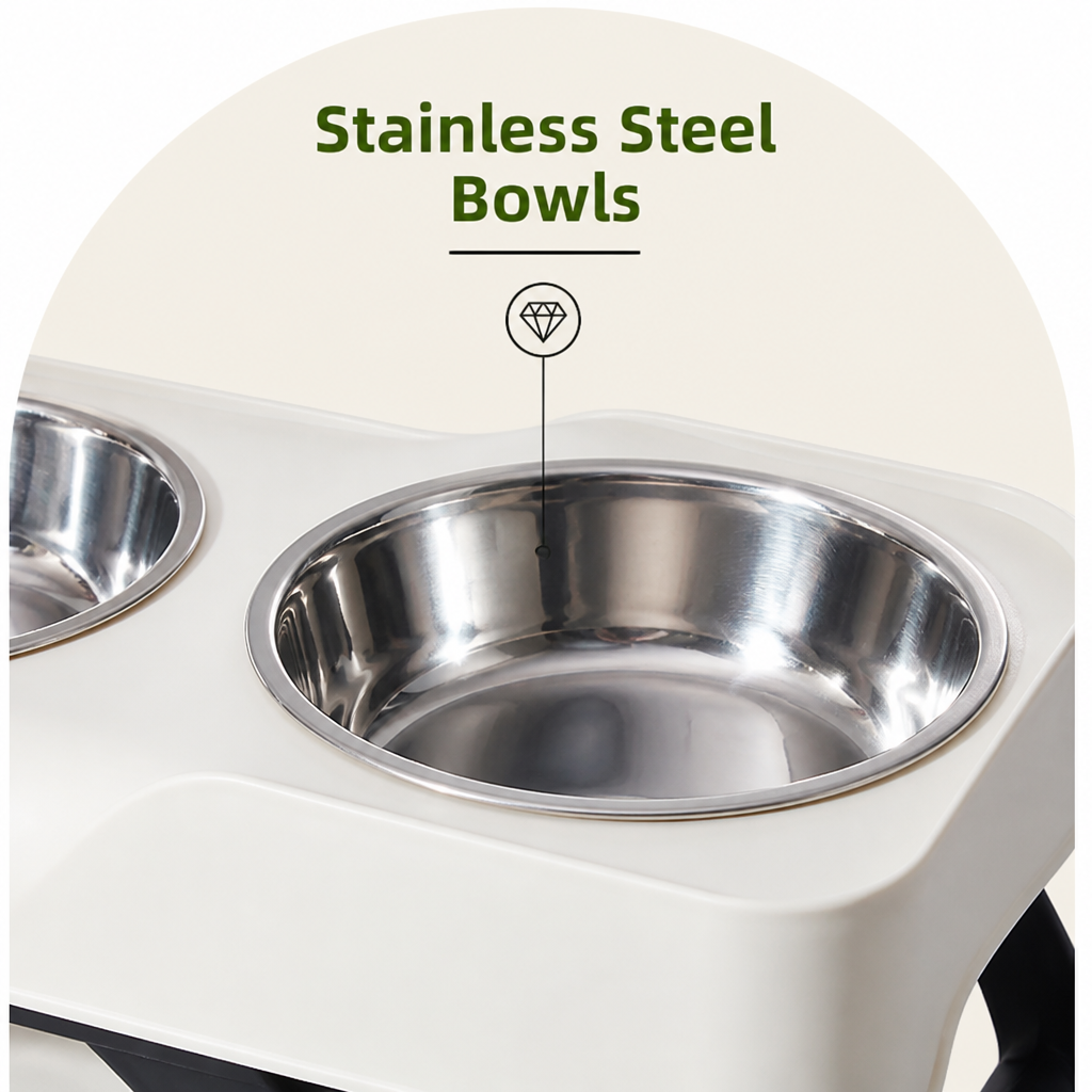Ortekor Stainless Steel Bowls & Non-Slip Double-Bowl Pet Feeder (Foldable Stand)