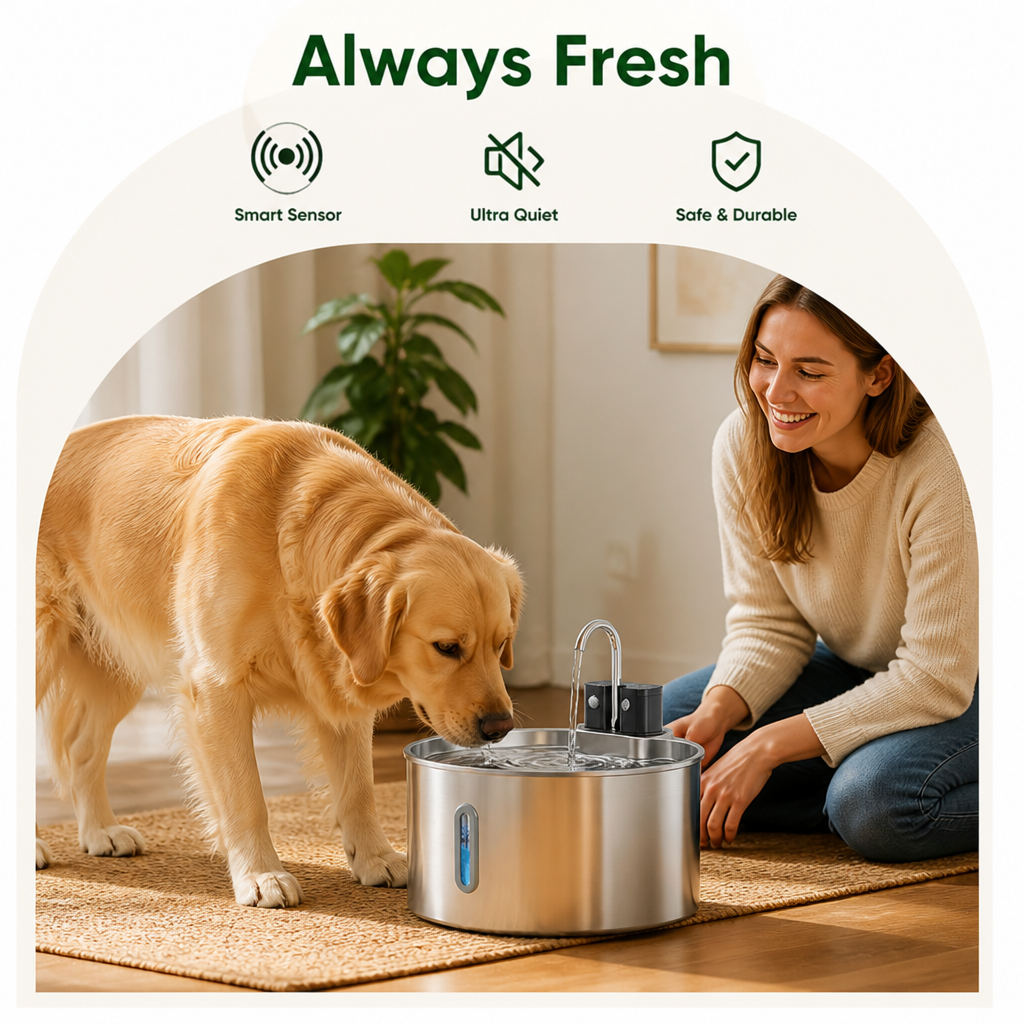 Ortekor Stainless Steel Sensor-Activated & Wireless Rechargeable Pet Fountain