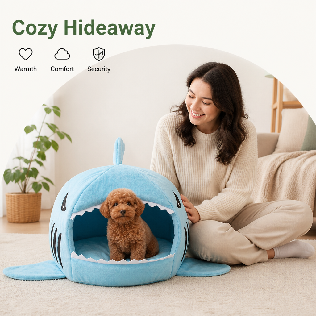 Ortekor Thermally Insulated Shark Plush Cave Bed (Detachable Washable Cushion)