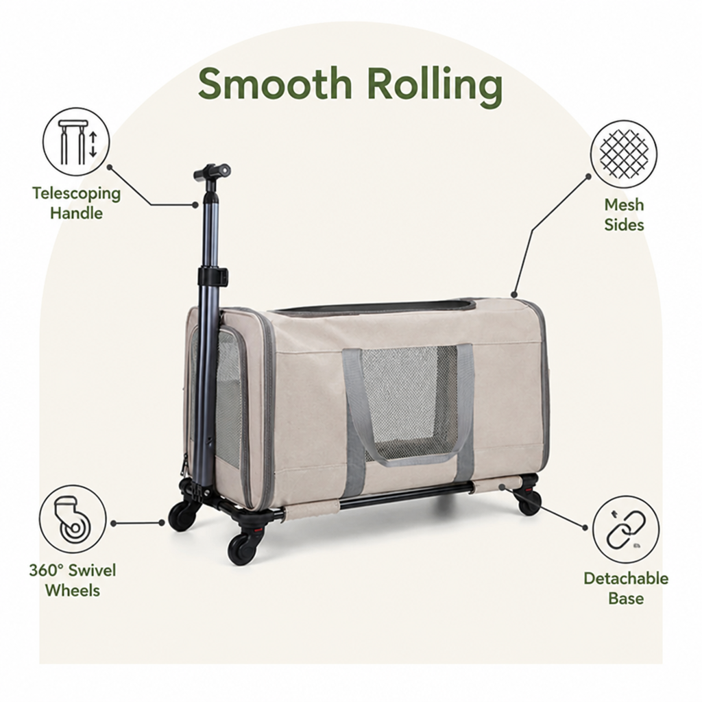Ortekor Wheeled Trolley & Seatbelt-Secured Cat Carrier (Removable Stand)