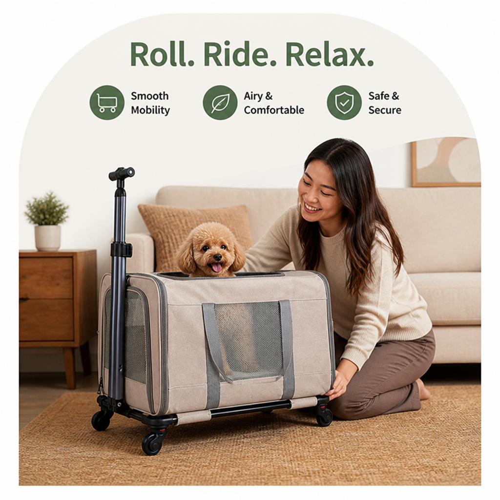 Ortekor Wheeled Trolley & Seatbelt-Secured Cat Carrier (Removable Stand)