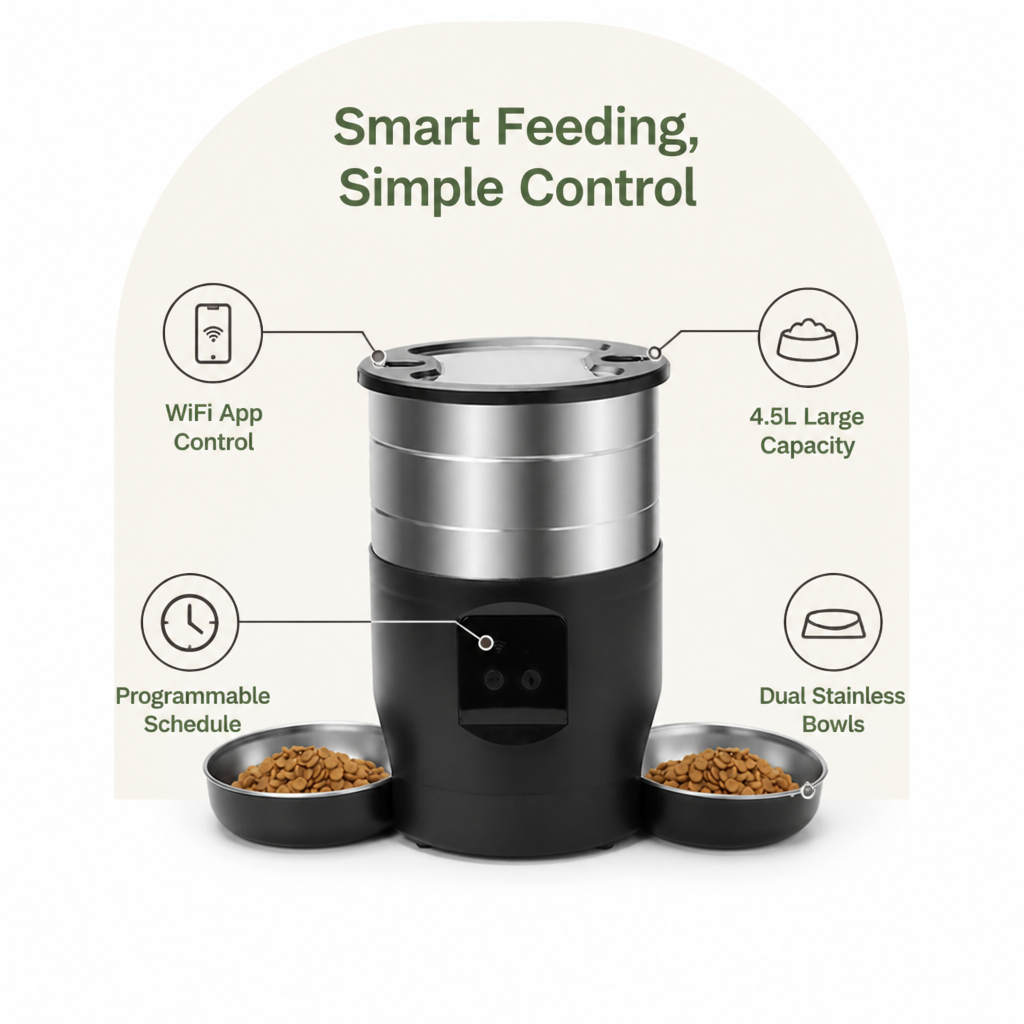 Ortekor WiFi & Button Programmable Pet Feeder (4L, Stainless Bowls)