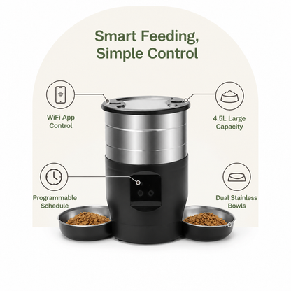 Ortekor WiFi & Button Programmable Pet Feeder (4L, Stainless Bowls)