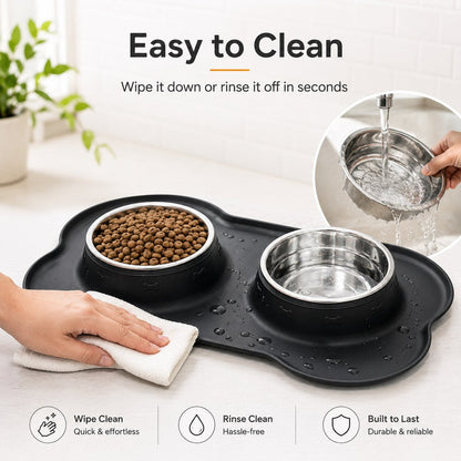 Spill-Proof Non-Slip Silicone Dual Pet Bowl (Removable Stainless Steel Bowls)