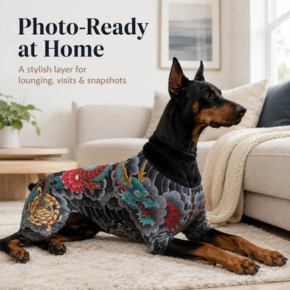 Tattoo-Print Soft Stretch Pet Bodysuit (Open Tail)