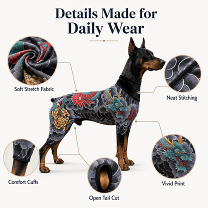 Tattoo-Print Soft Stretch Pet Bodysuit (Open Tail)