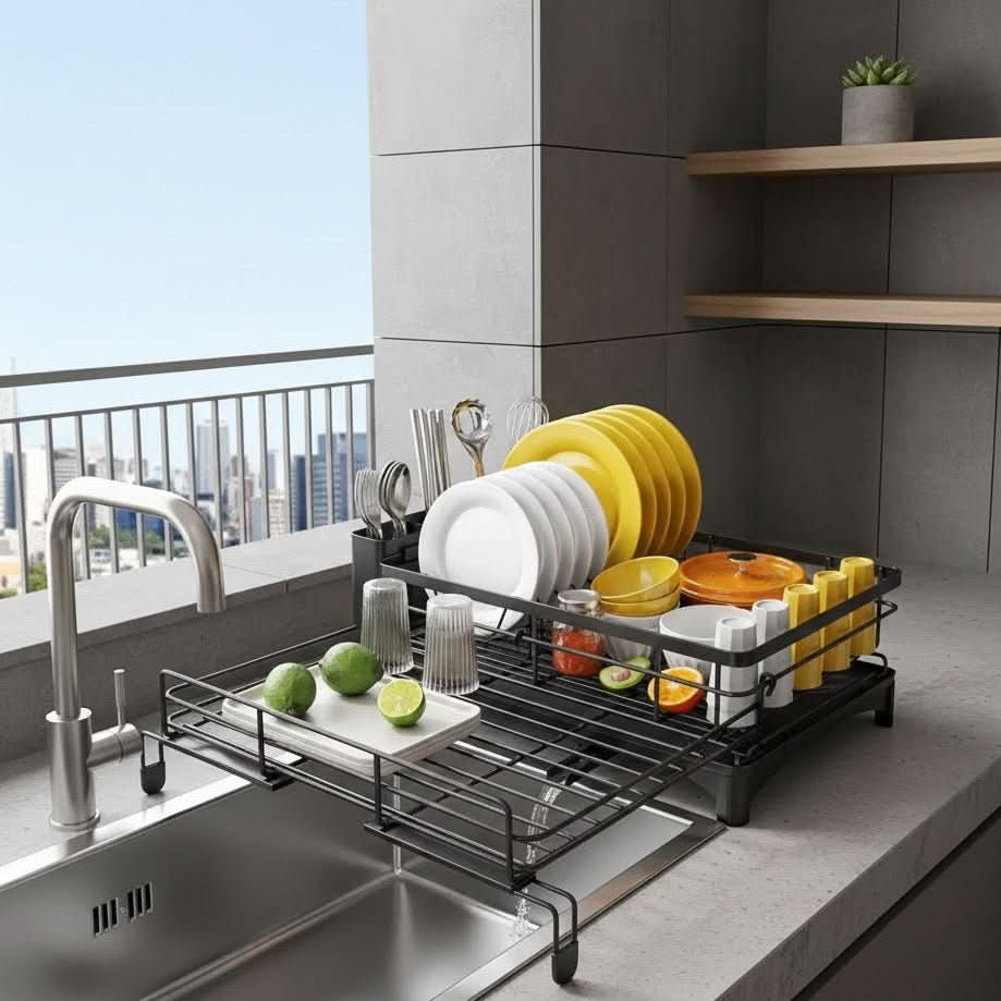 Two-Tier Dish Rack with Drain Board for Countertop Organization and Drying Space