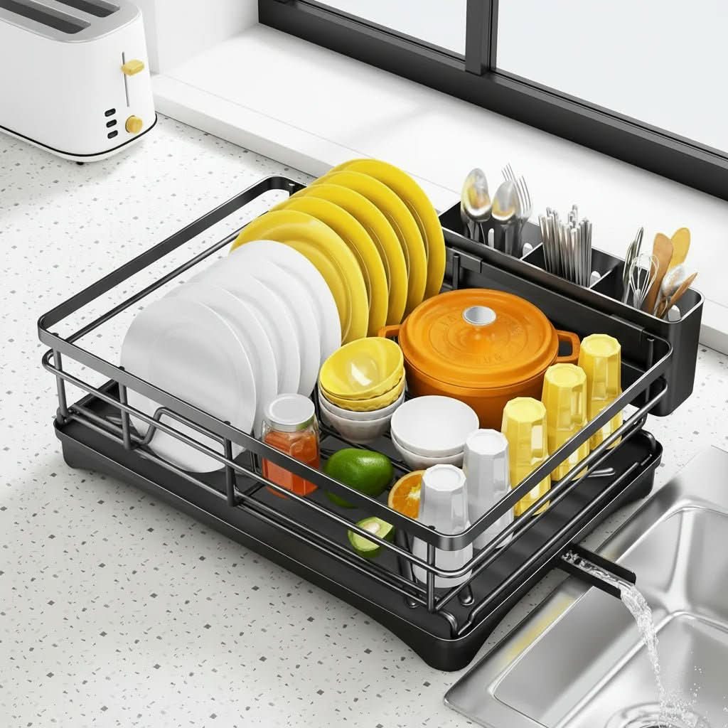 Two-Tier Dish Rack with Drain Board for Countertop Organization and Drying Space
