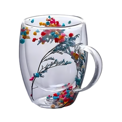 Double Wall Glass Coffee Mug with Real Dried Flowers – Insulated Cappuccino Cup for Hot & Cold Drinks, 10.5 oz Borosilicate Glass Tea Mug