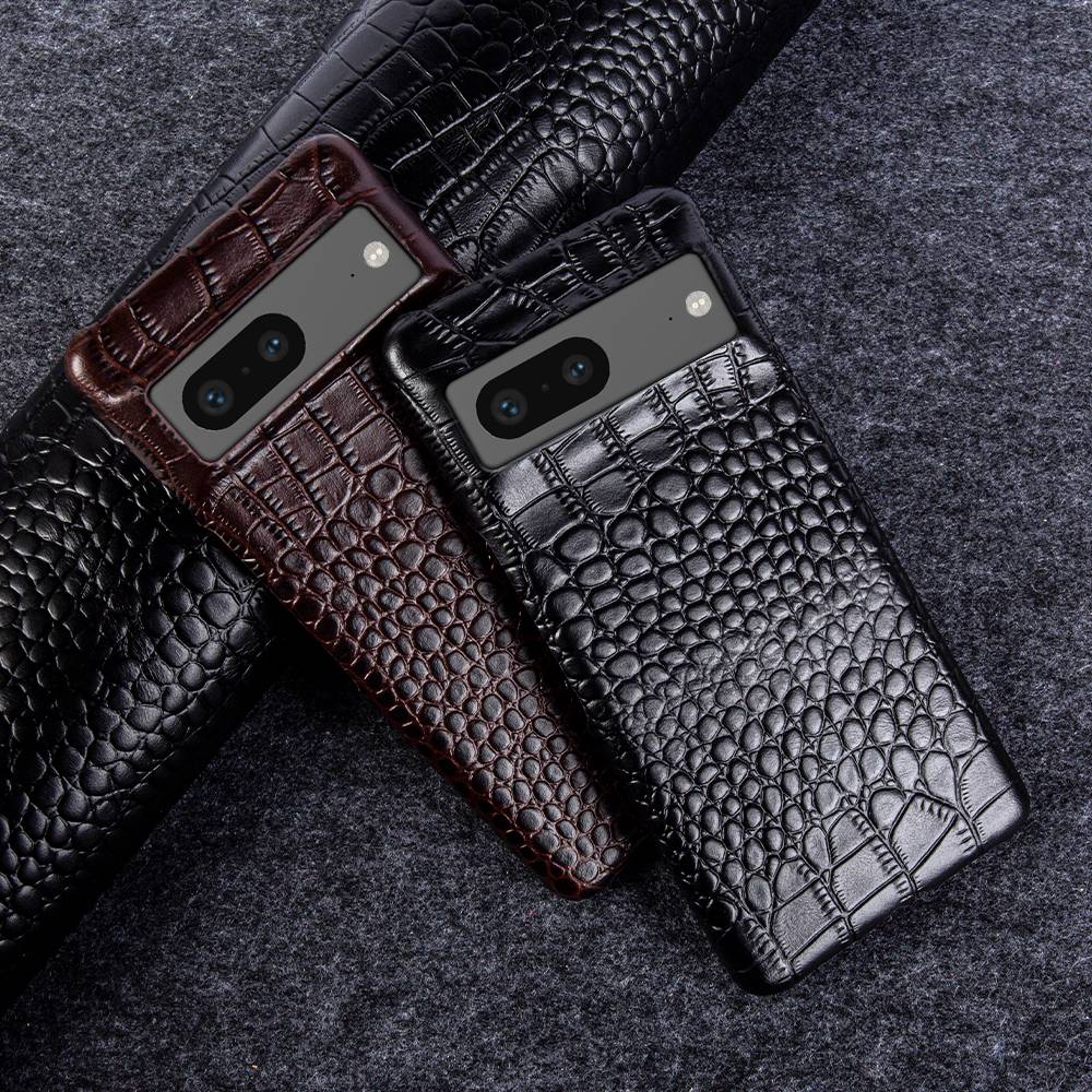 Genuine Leather Phone Case for Google Pixel – Textured Crocodile Grain Design with Raised Edges & Camera Protection