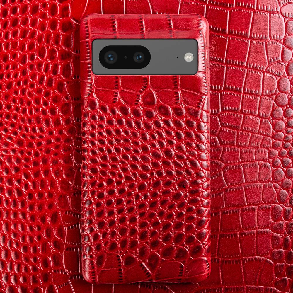 Genuine Leather Phone Case for Google Pixel – Textured Crocodile Grain Design with Raised Edges & Camera Protection