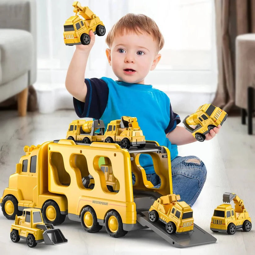 Construction Carrier Truck Playset with 5 Vehicles – Lights & Sounds, Push-and-Go Action, Detachable Cab for Kids