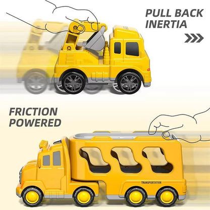 Construction Carrier Truck Playset with 5 Vehicles – Lights & Sounds, Push-and-Go Action, Detachable Cab for Kids