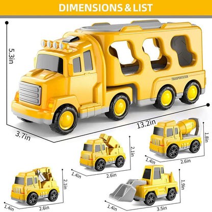 Construction Vehicle Toy Set with Lights and Sounds, Toy Construction Trucks, Carrier Truck Toy with 4 Friction Vehicles