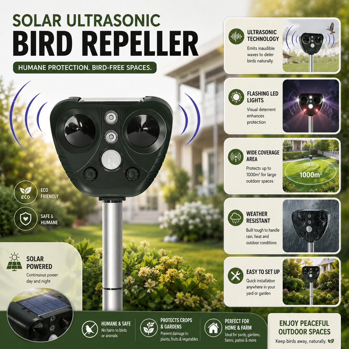 Bird Deterrent Ultrasonic Solar Powered, Bird Repellent Devices Outdoor with Flashing LED Light and 5 Modes, Pigeon Deterrent