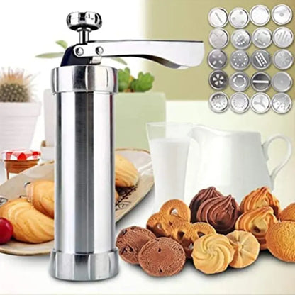 Cookie Press with 20 Shapes and 4 Nozzles Stainless Steel Dough Dispenser for Uniform Homemade Cookies Spritz Maker with Ergonomic Grip for