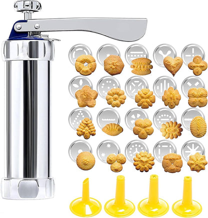 Cookie Press with 20 Shapes and 4 Nozzles Stainless Steel Dough Dispenser for Uniform Homemade Cookies Spritz Maker with Ergonomic Grip for