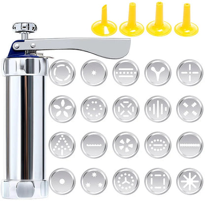 Cookie Press with 20 Shapes and 4 Nozzles Stainless Steel Dough Dispenser for Uniform Homemade Cookies Spritz Maker with Ergonomic Grip for