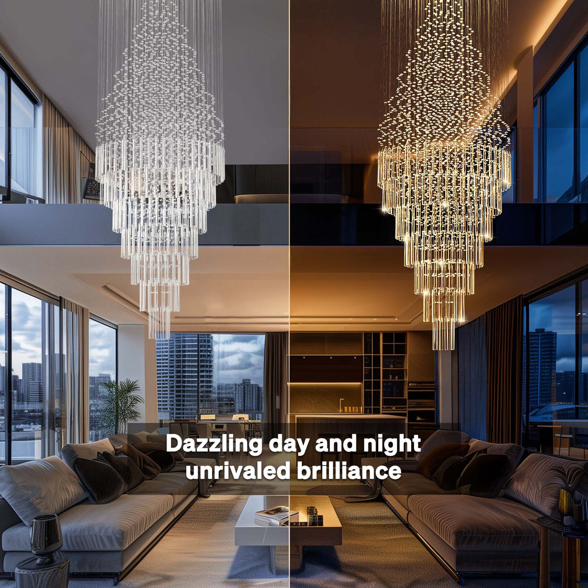 Cascading Crystal Tiered Chandelier for Foyer & Staircase – Adjustable Height Statement Lighting Fixture