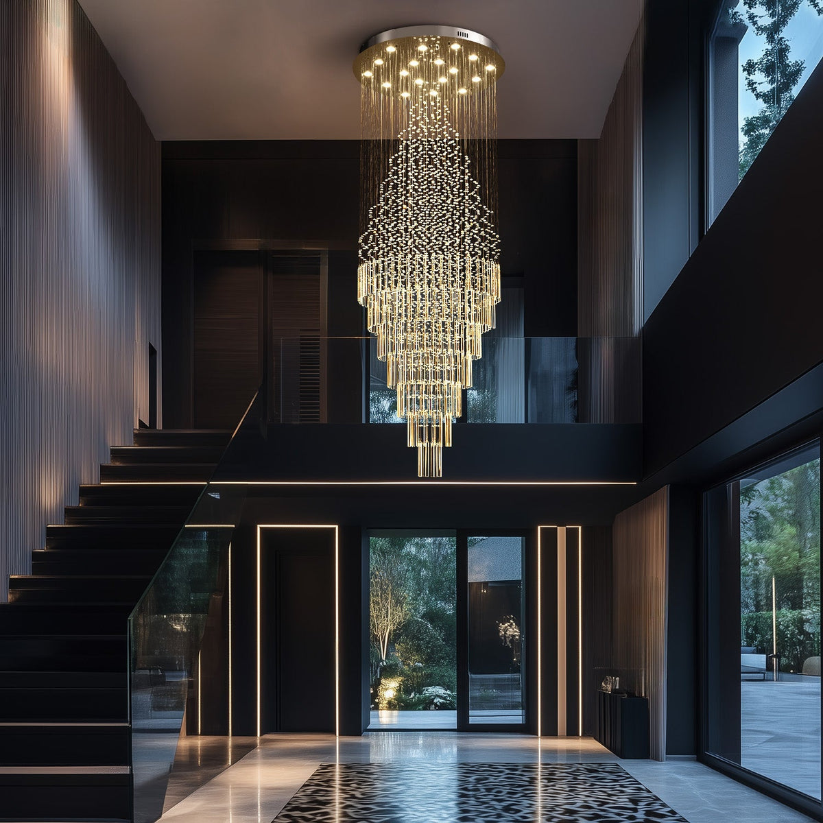 Cascading Crystal Tiered Chandelier for Foyer & Staircase – Adjustable Height Statement Lighting Fixture