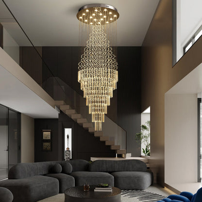 Cascading Crystal Tiered Chandelier for Foyer & Staircase – Adjustable Height Statement Lighting Fixture