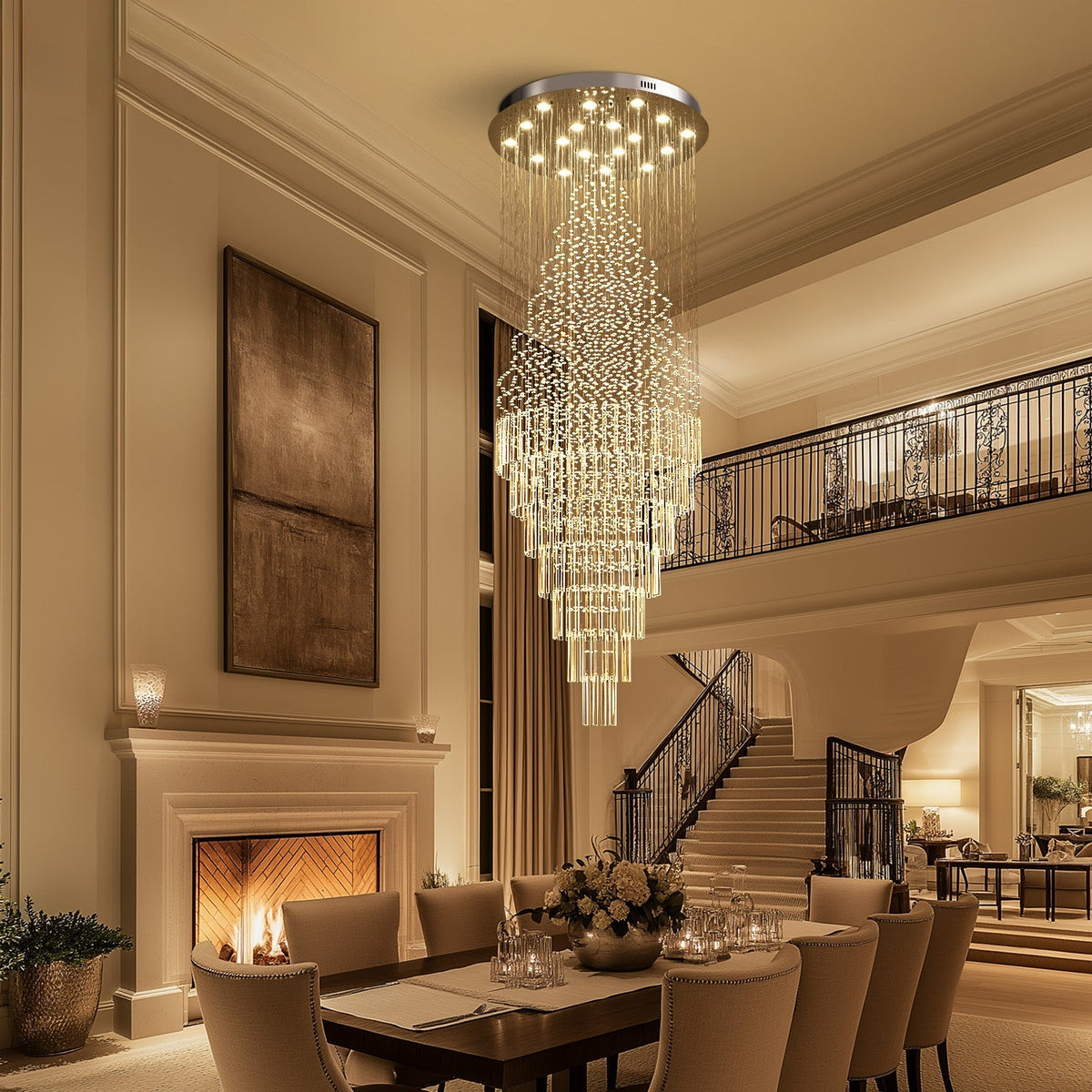 Cascading Crystal Tiered Chandelier for Foyer & Staircase – Adjustable Height Statement Lighting Fixture