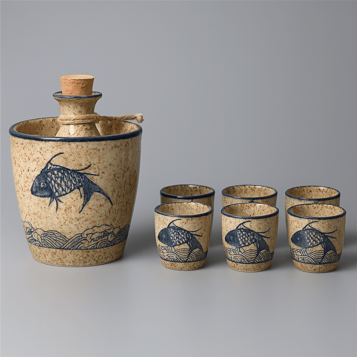 Elegant Ceramic Sake Set | Handcrafted Japanese Design with Koi Motif | Perfect for Hot and Cold Beverages