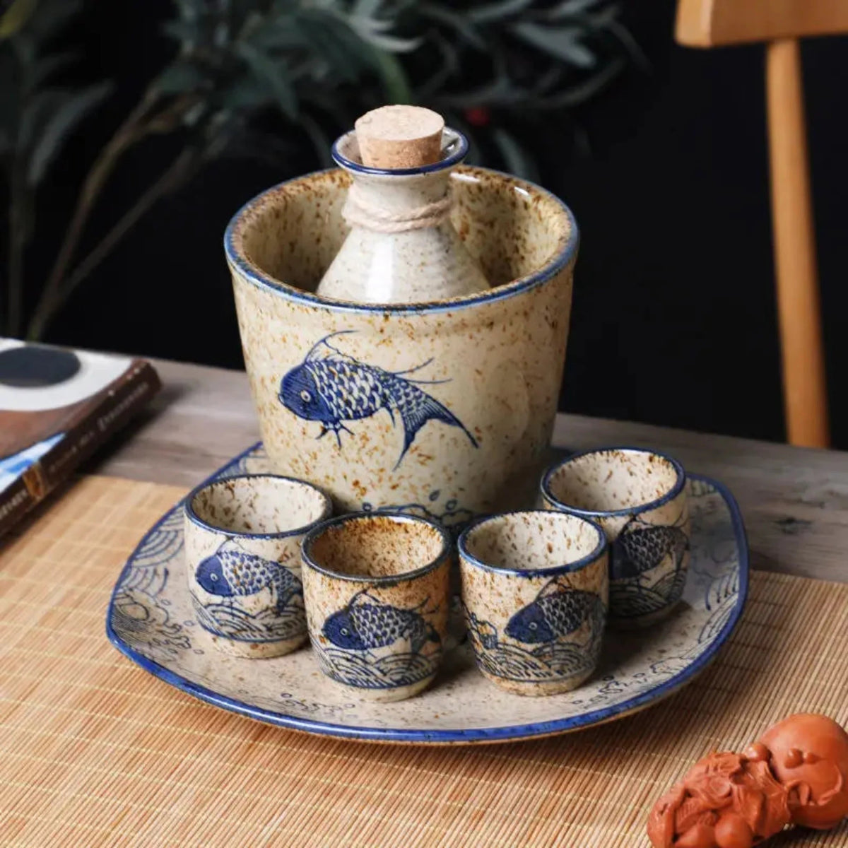 Elegant Ceramic Sake Set | Handcrafted Japanese Design with Koi Motif | Perfect for Hot and Cold Beverages