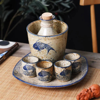 Elegant Ceramic Sake Set | Handcrafted Japanese Design with Koi Motif | Perfect for Hot and Cold Beverages