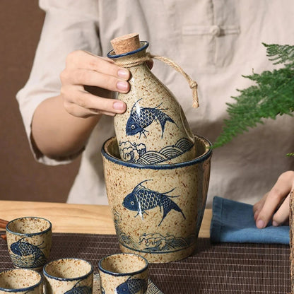 Elegant Ceramic Sake Set | Handcrafted Japanese Design with Koi Motif | Perfect for Hot and Cold Beverages