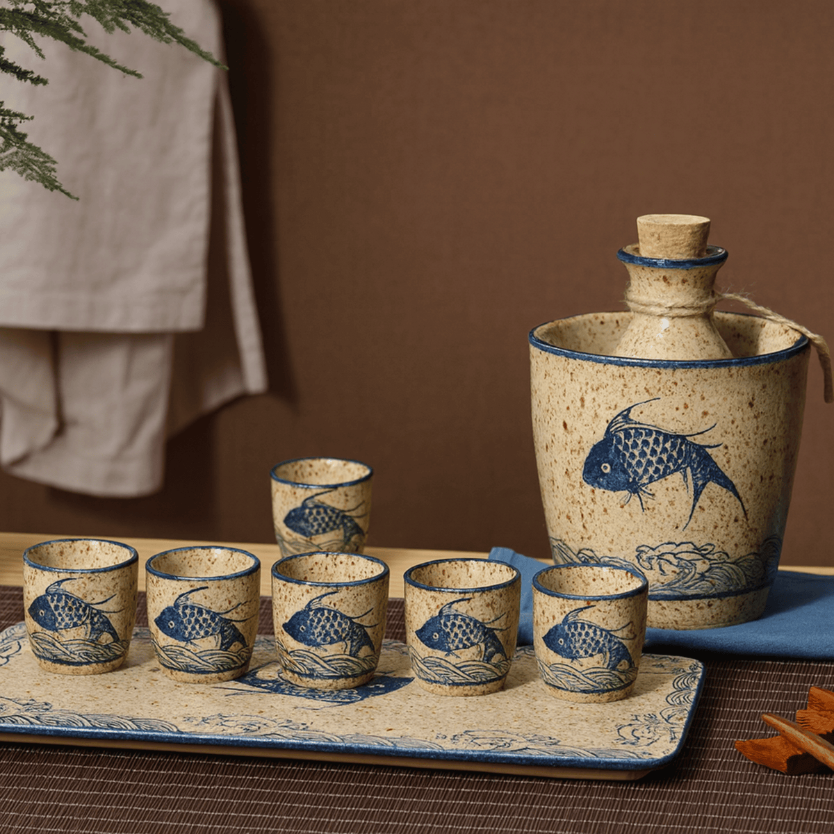 Elegant Ceramic Sake Set | Handcrafted Japanese Design with Koi Motif | Perfect for Hot and Cold Beverages