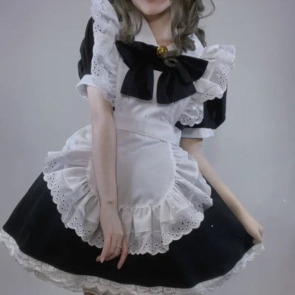 Elegant Gothic Maid Costume Set with Ruffled Dress & Apron for Halloween