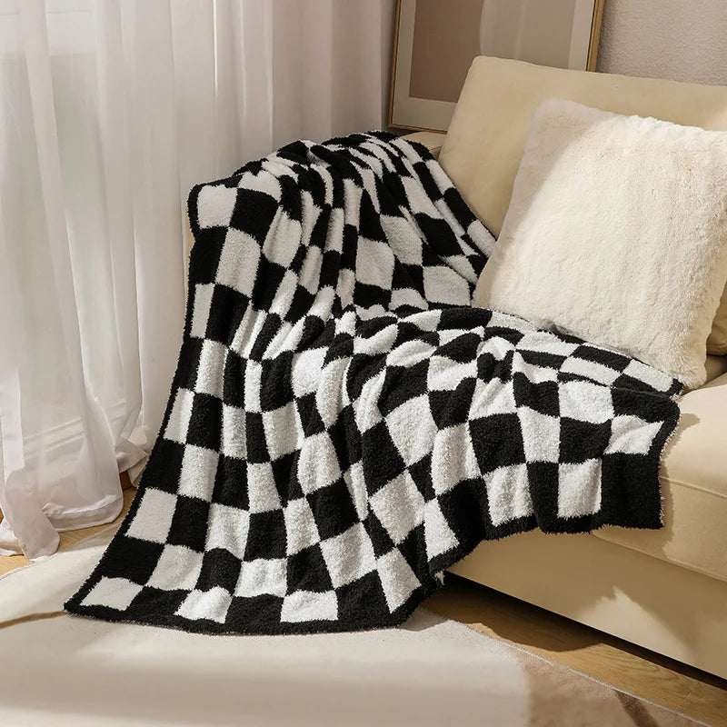 Elegant Home | Nordic Throw Blanket with Plush Velvet Surface | Chic Checkered Design for Cozy Interiors