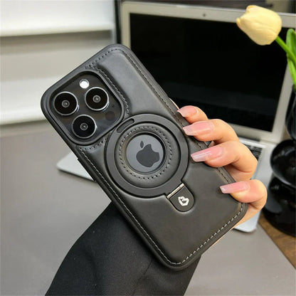 Elegant Leather MagSafe Case with Fold-Out Ring Stand for Enhanced Protection