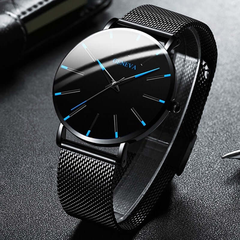 Mens Watch, Minimalist Watch for Men with Leather Band, Slim Analog Quartz Watch with Stainless Steel Case