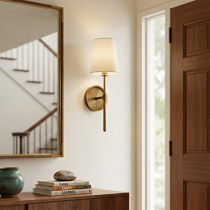 Elegant Wall Sconce with Textured Linen Shade – Aged Brass and Oil Rubbed Bronze Finish, Dimmable Sconce Light for Bathrooms and Modern Spaces