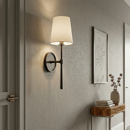 Elegant Wall Sconce with Textured Linen Shade – Aged Brass and Oil Rubbed Bronze Finish, Dimmable Sconce Light for Bathrooms and Modern Spaces
