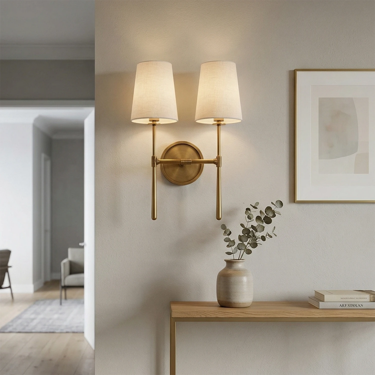 Elegant Wall Sconce with Textured Linen Shade – Aged Brass and Oil Rubbed Bronze Finish, Dimmable Sconce Light for Bathrooms and Modern Spaces
