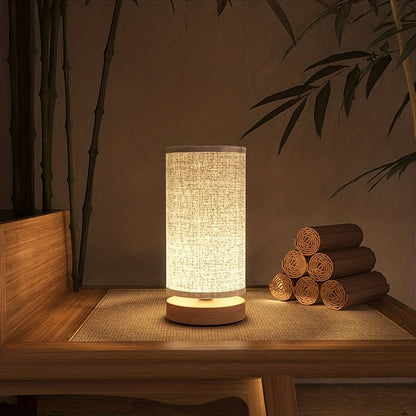 Elegant Wooden Table Lamp | USB Powered LED Light with Soft Linen Shade for Cozy Ambiance