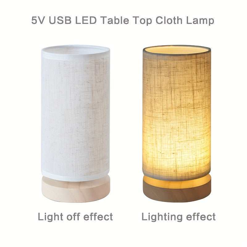 Elegant Wooden Table Lamp | USB Powered LED Light with Soft Linen Shade for Cozy Ambiance