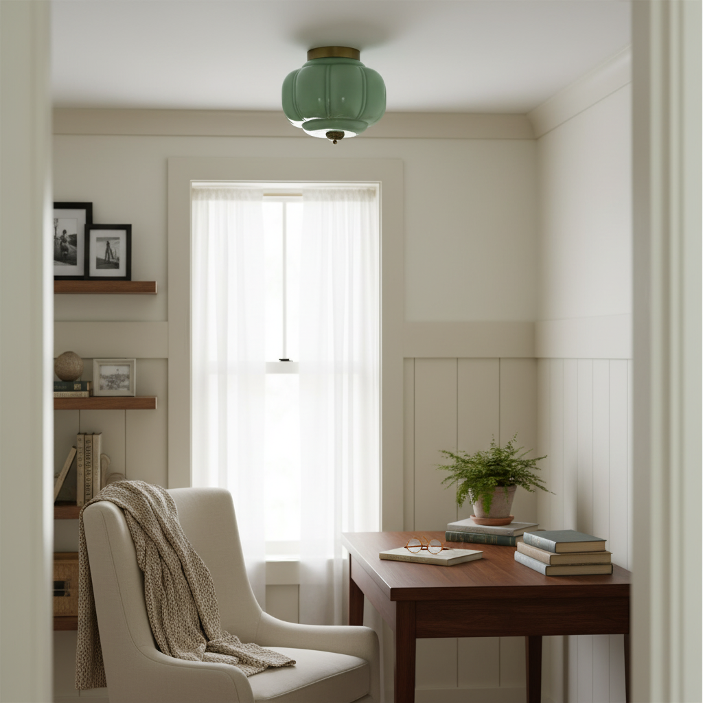 Flush Mount Glass Pendant Light 15 in Jade Green Shade Hardwired E26 E27 Socket Handblown Artisan Finish for Bedroom Bathroom Hallway Entryw